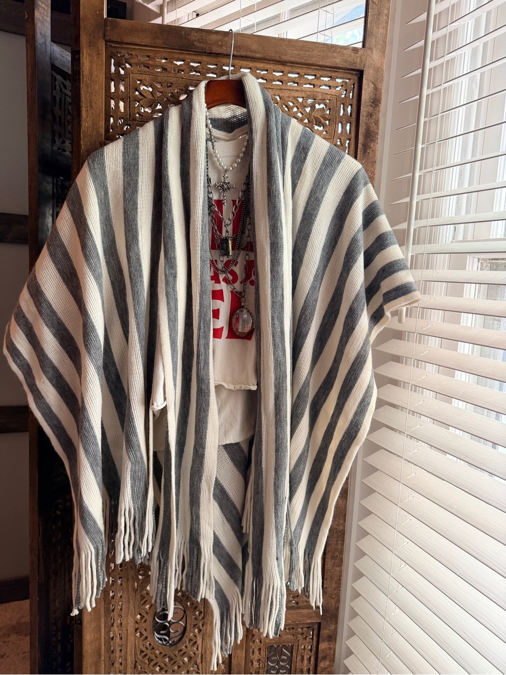 Fringe Striped Knit poncho  - Cream & Charcoal